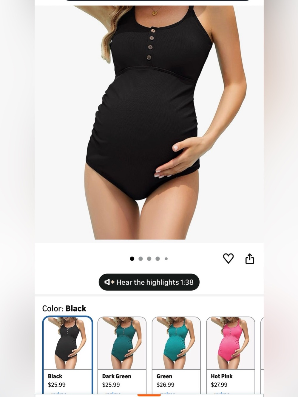 Maternity Black One-Piece Swimsuit with Button Accents